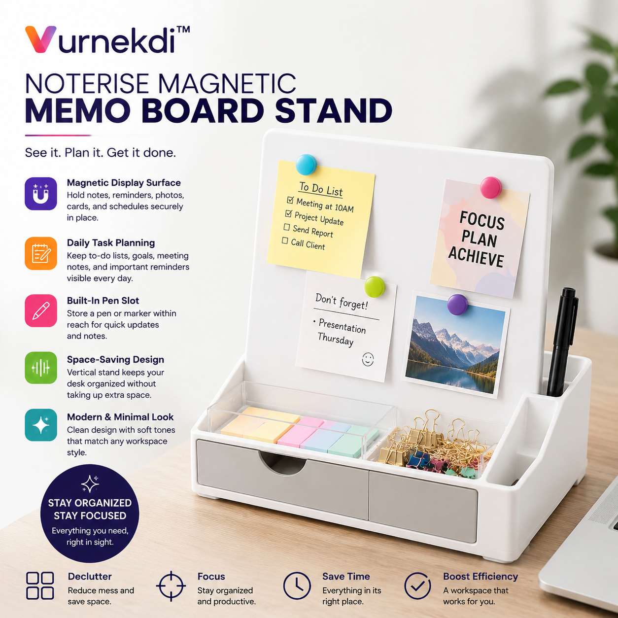 Vurnekdi™ NoteRise Magnetic Memo Board Stand